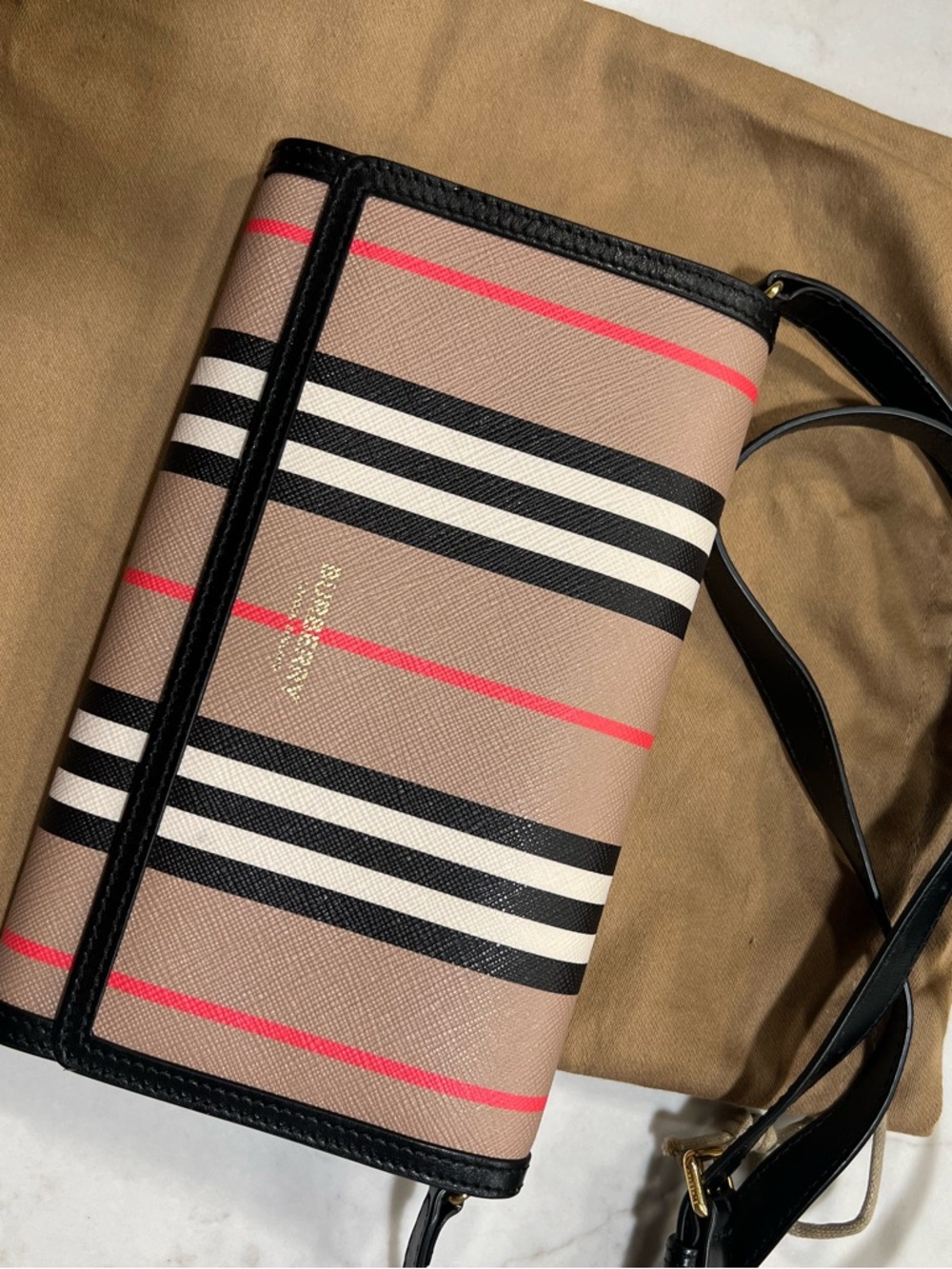 Burberry Hannah Wallet Beige Striped Crossbody Bag with Black Trim & Red Accents - Picture 10 of 11